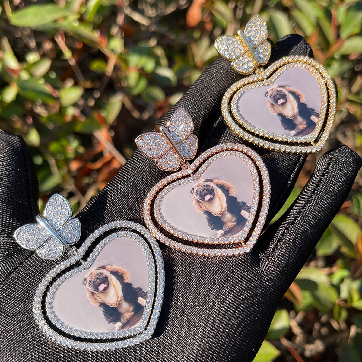 Butterfly Bail Rotating Heart Custom Photo Pendant Necklace – Iced Out Hip Hop Jewelry - CaratixJewelry